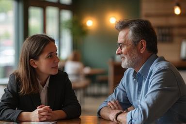 Older mentor figure talking to a younger mentee in a casual setting.