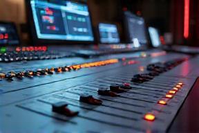 Control panel with faders and buttons used in broadcast studio.